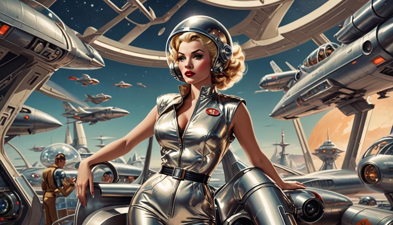 Retro-Futuristic Pin-Up in Spaceport Scene