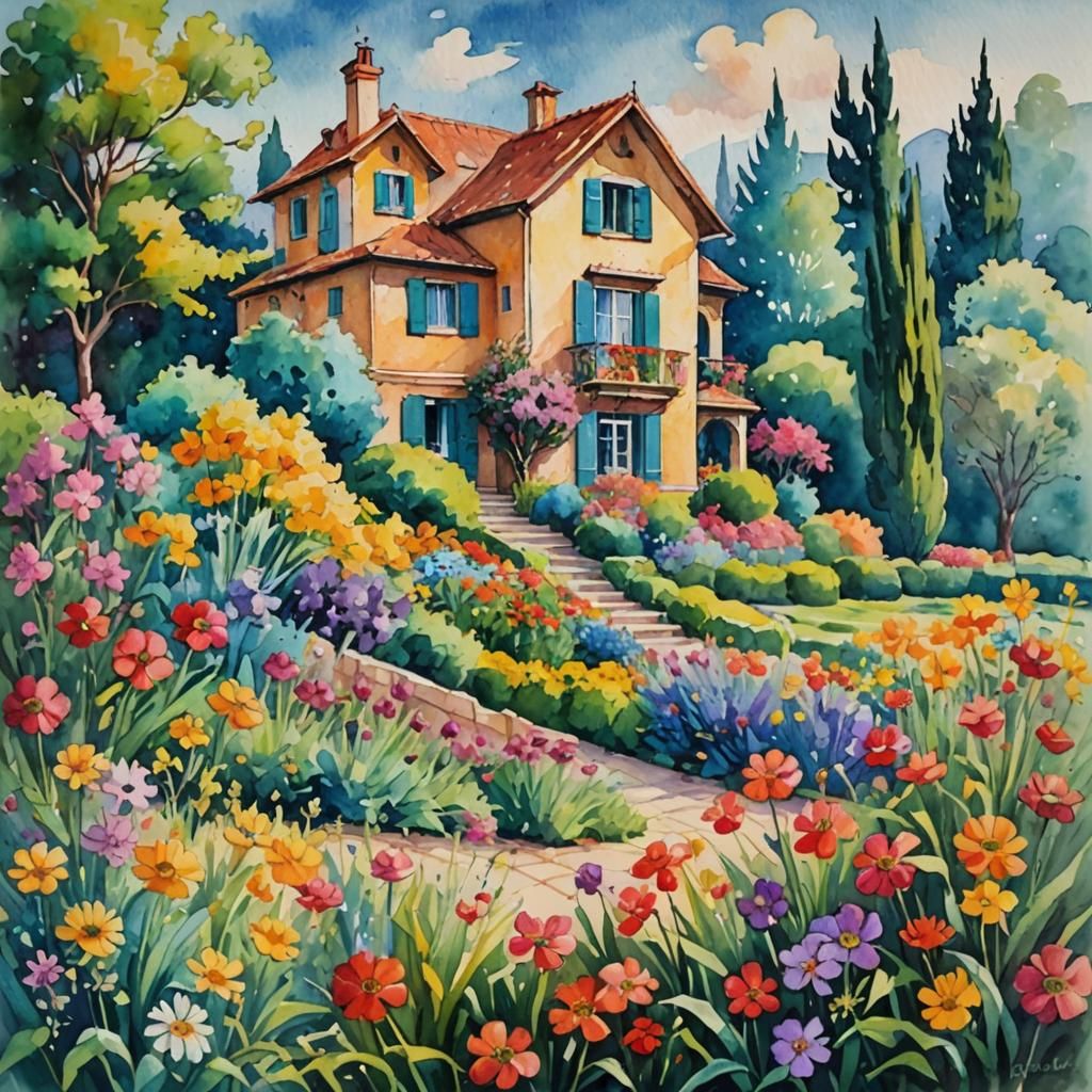 Villa with Flowers in Expressionist Oil Painting