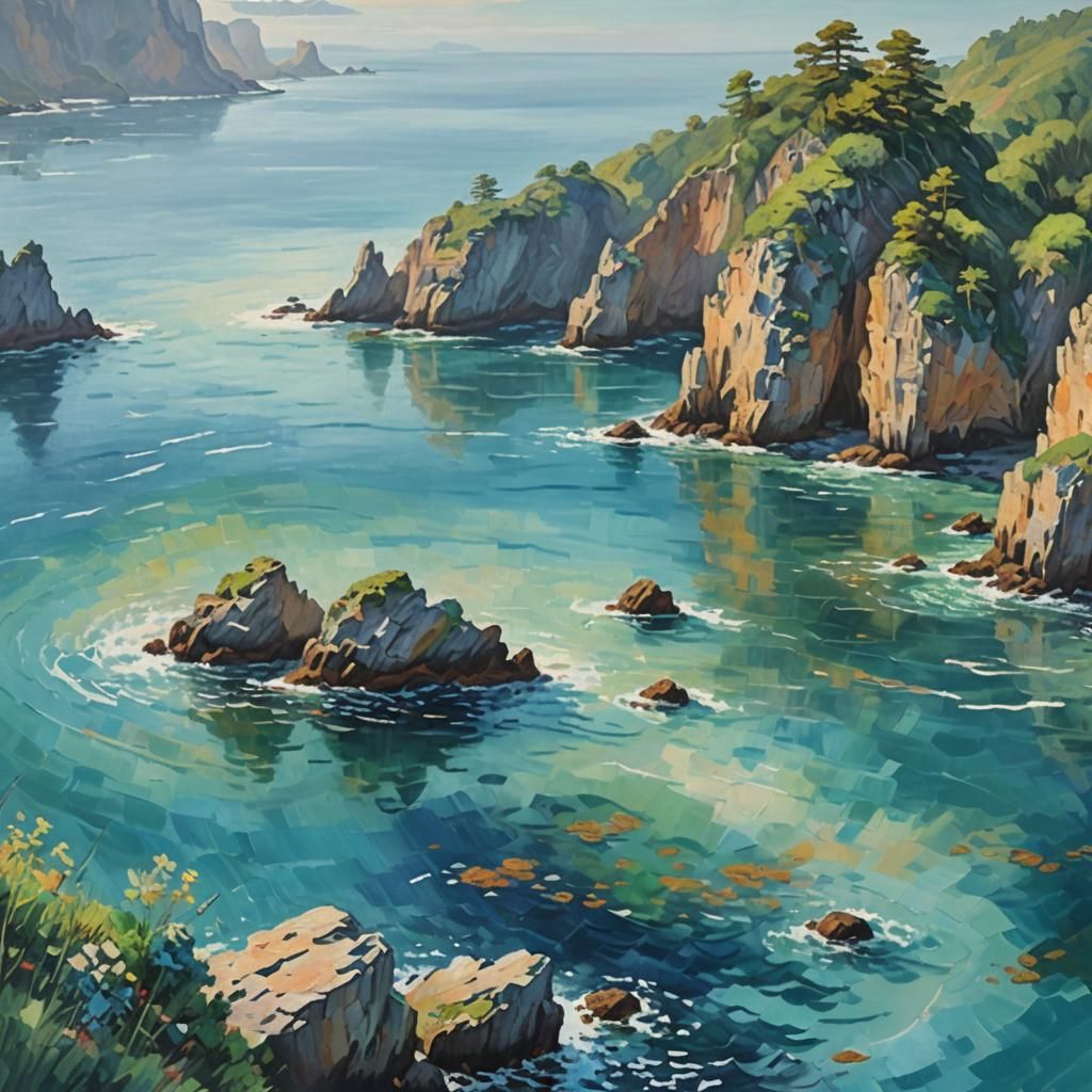 Island Seascape in the Style of Claude Monet