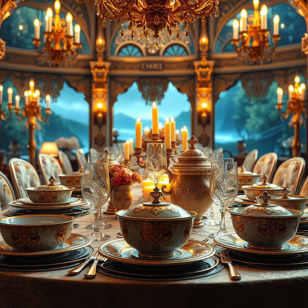 Lavish Dinnerware Set Amidst Glowing Candelabras