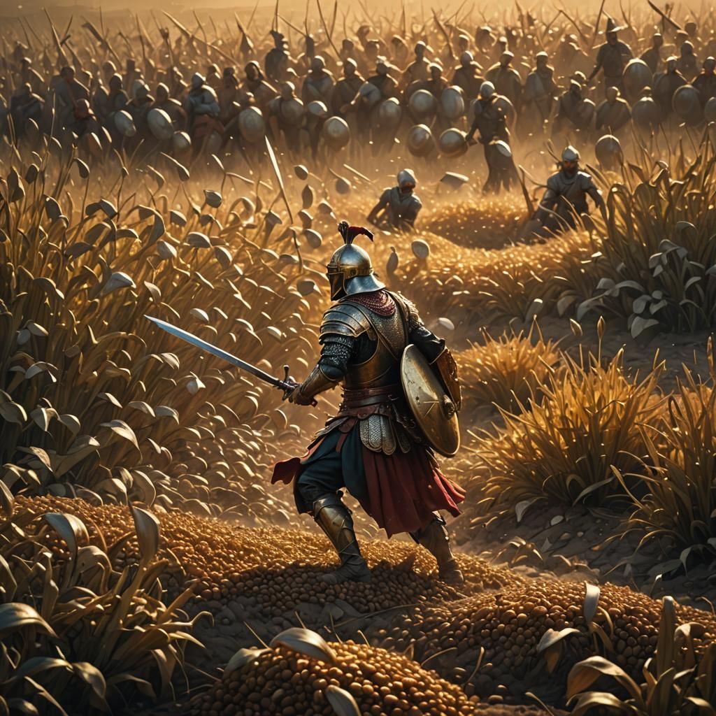 Heroic Warrior Strikes Down Guards in Field