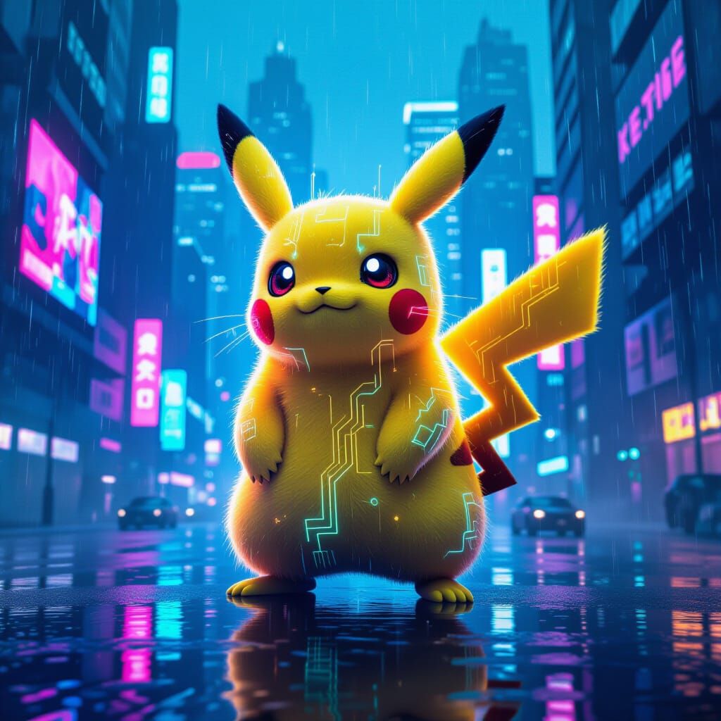 Futuristic Pikachu with Neon Circuits in Cyberpunk City