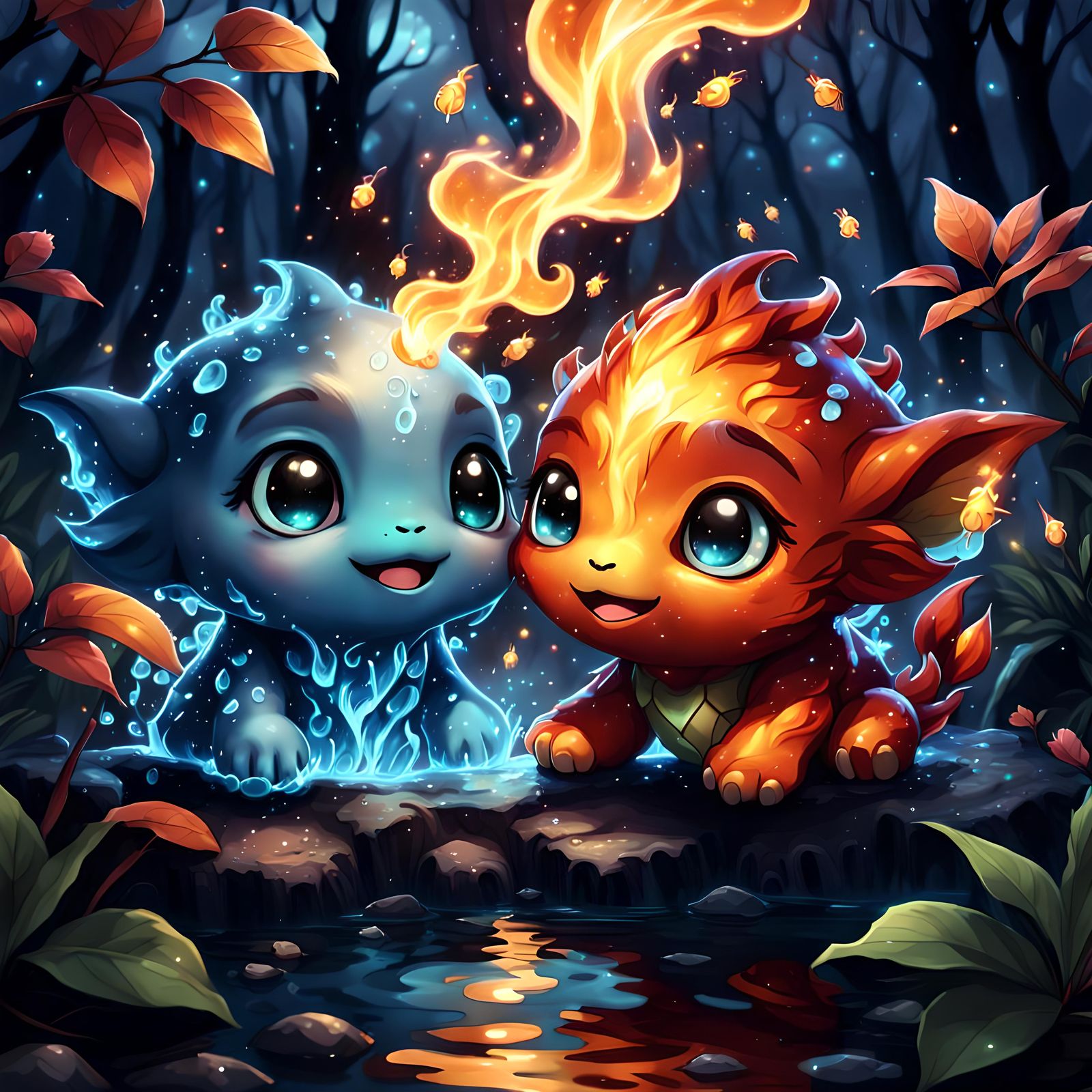 Adorable Fire and Water Elementals Cuddling: 3D Digital Art