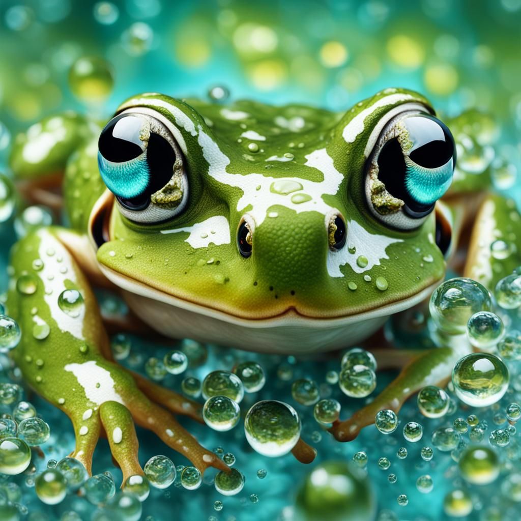 a magnified frog in a dewdrop, big turquoise eyes, 8k resolution, hyper real, intricate detailing, oil on canvas