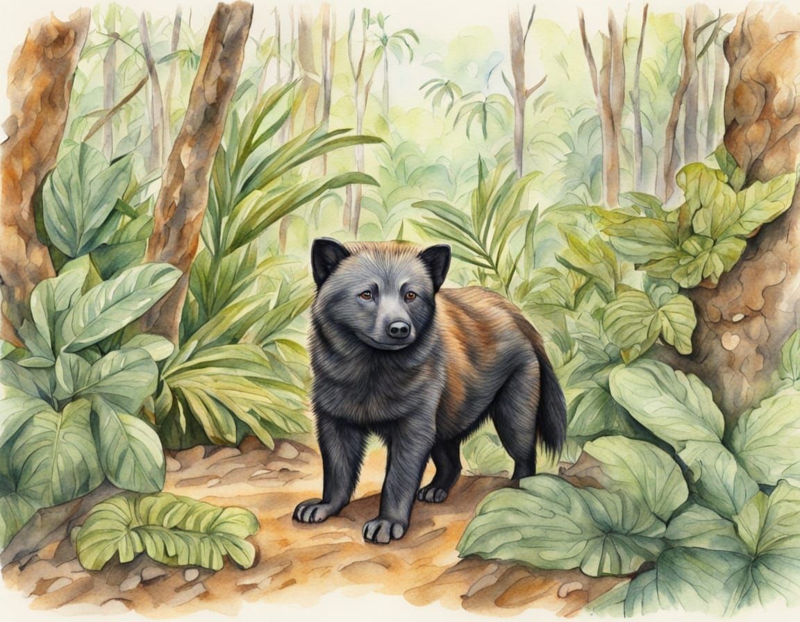 Bush Dog in Tropical Forest, Baroque Watercolor