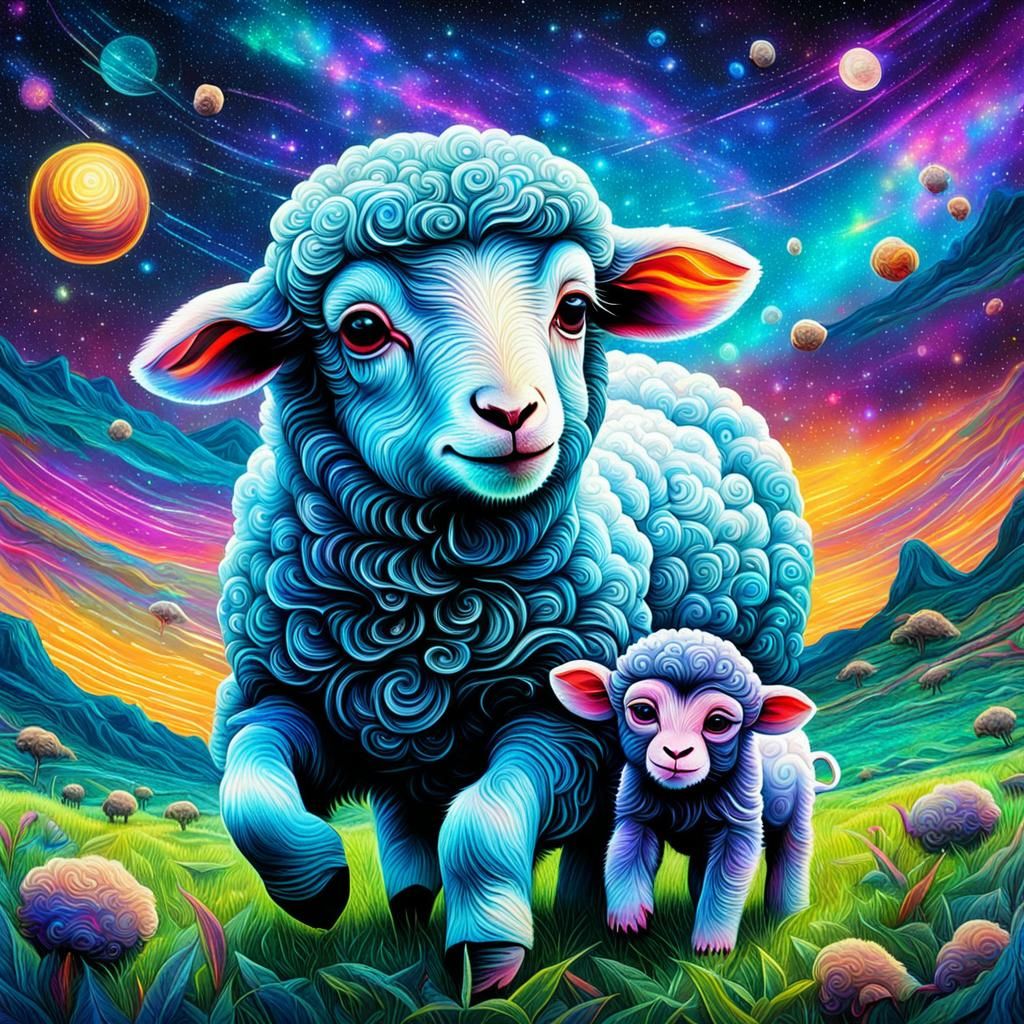 Cosmic Sheep and Monkey Play: Astral Illustration