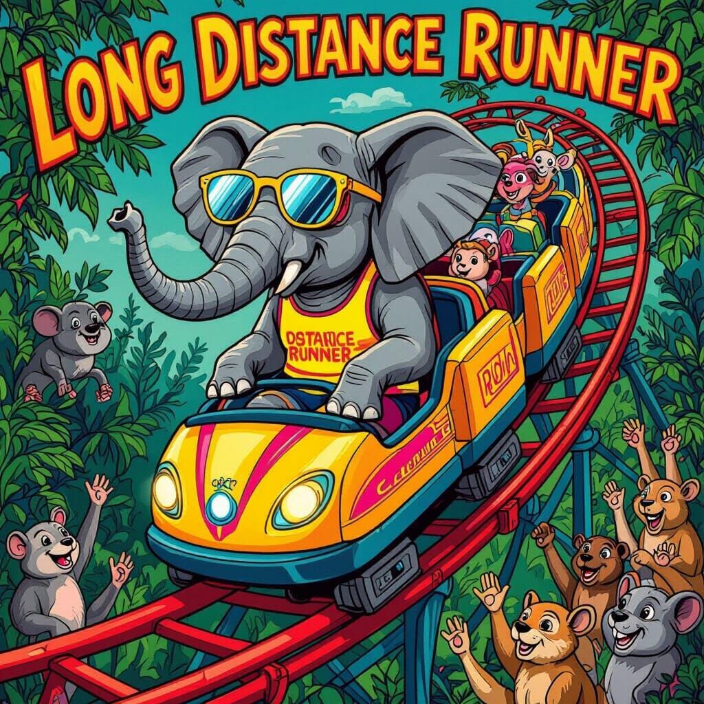 Elephant on Roller Coaster in Vibrant Poster Art