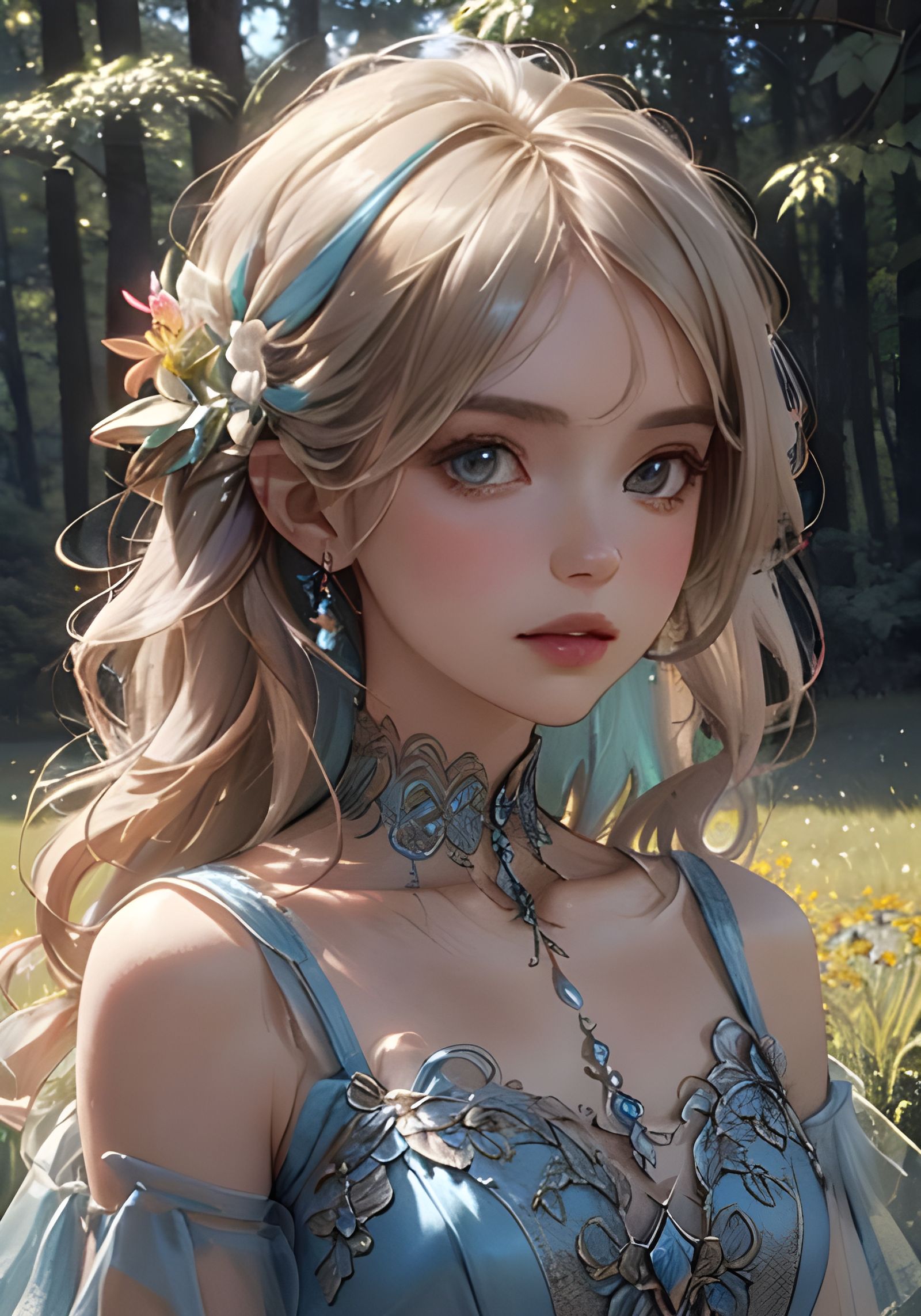 Elegant Woman in Blue Dress, Fairycore Portrait