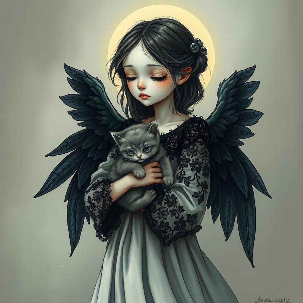 Melancholic Angel Holds Furry Kitten in Whimsical Cartoon St...