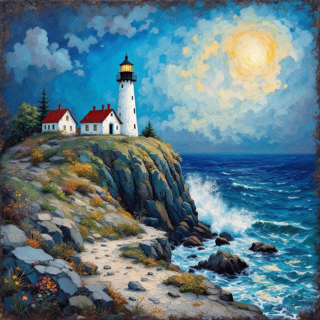 Fairytale Lighthouse on Stormy Sea in Impasto Style