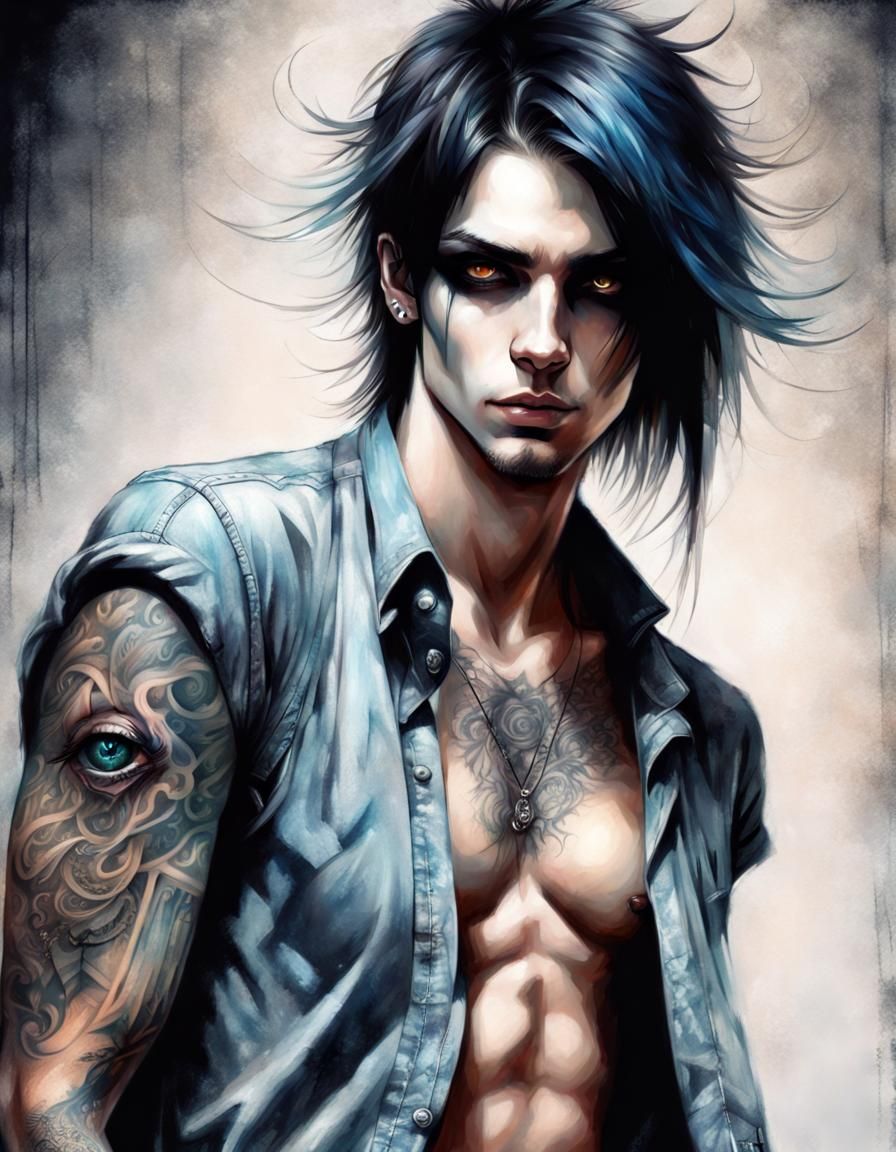 Emo Male Figure with Tattoos in Crayon Style