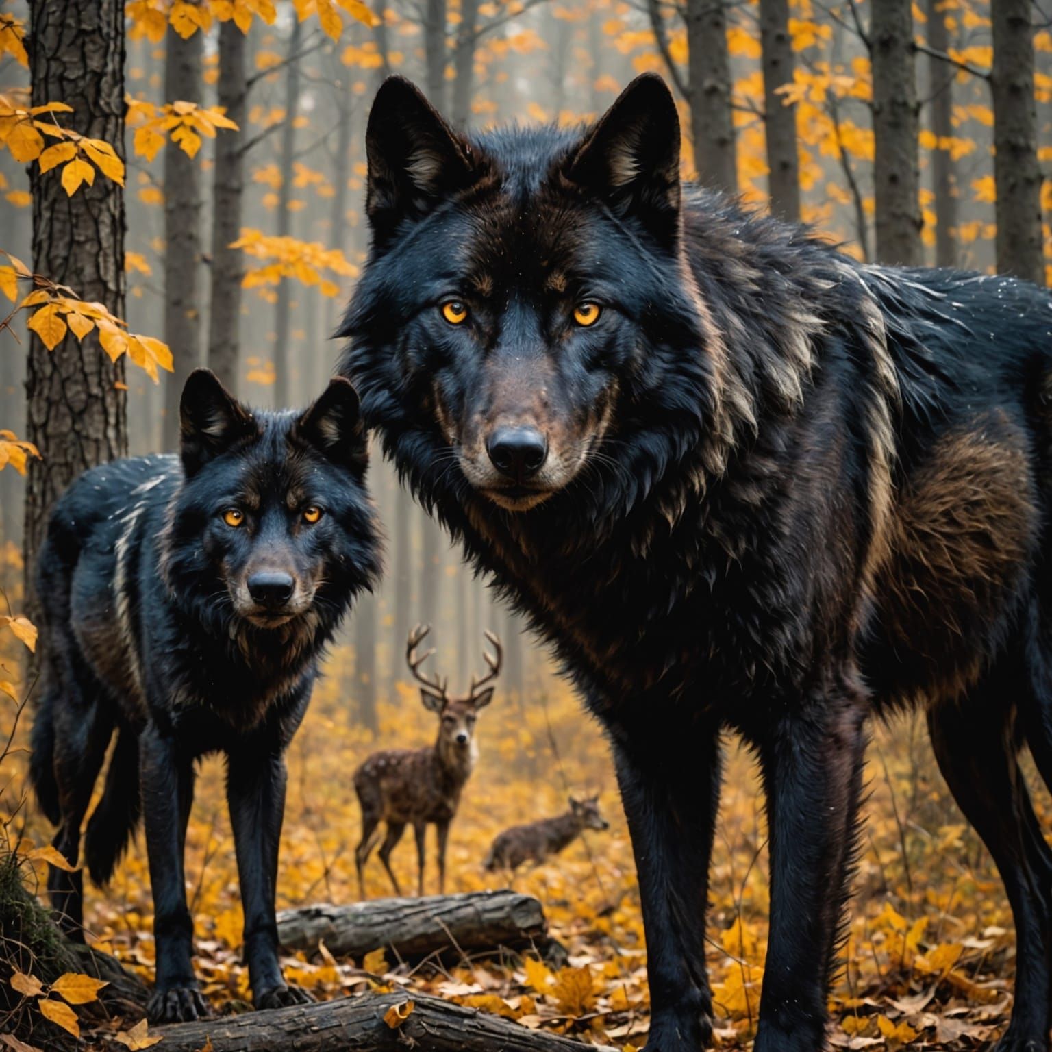 Black Wolf with Amber Eyes and Deer