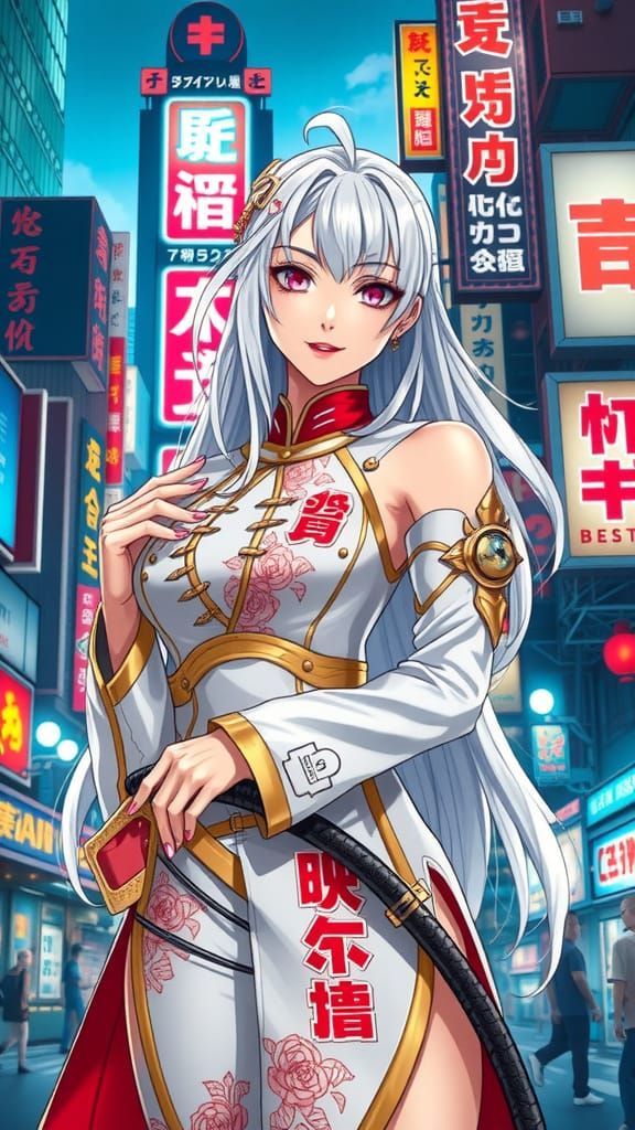 Confident Anime Goddess in Japanese Cityscape