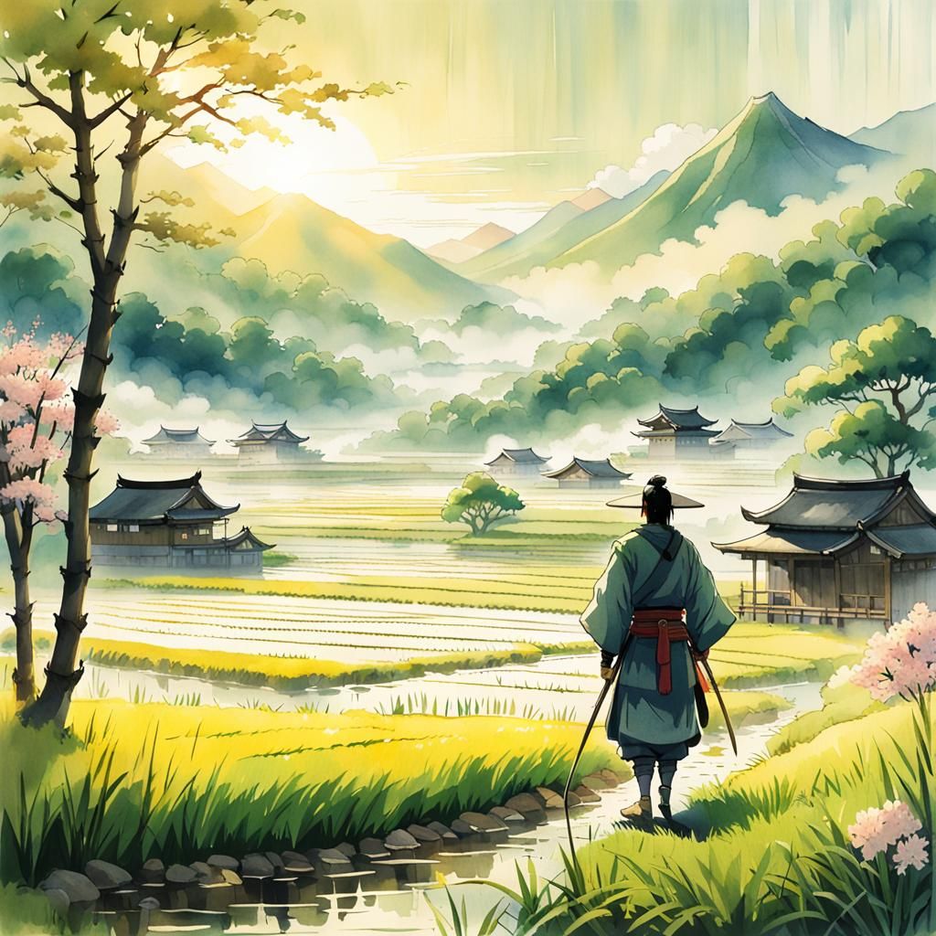 Samurai Returns Home: Japanese Watercolor Art