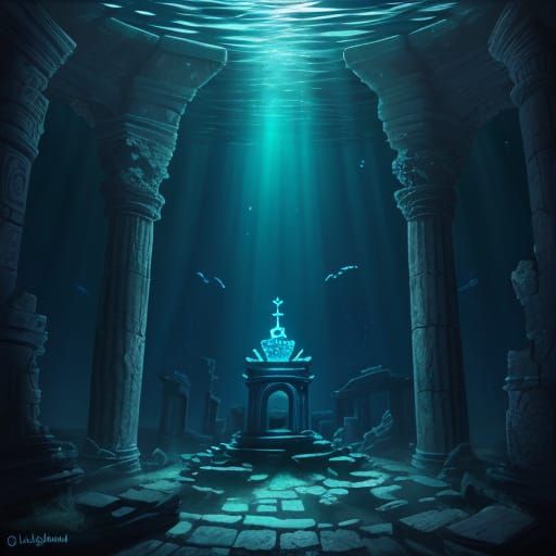 Underwater Oracle in Ancient Ruins: Surreal Bioluminescence