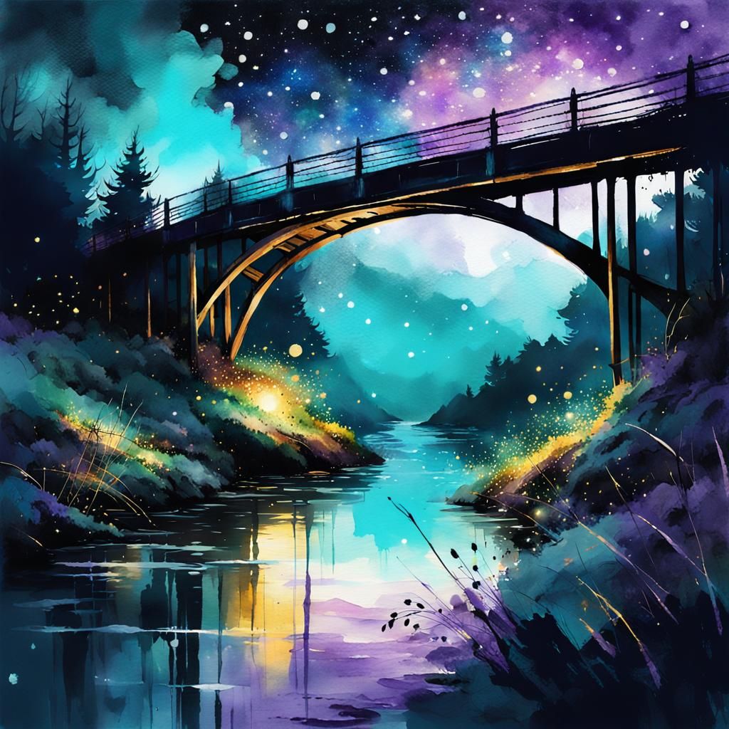 Watercolor Bridge Under Starry Sky with Fireflies
