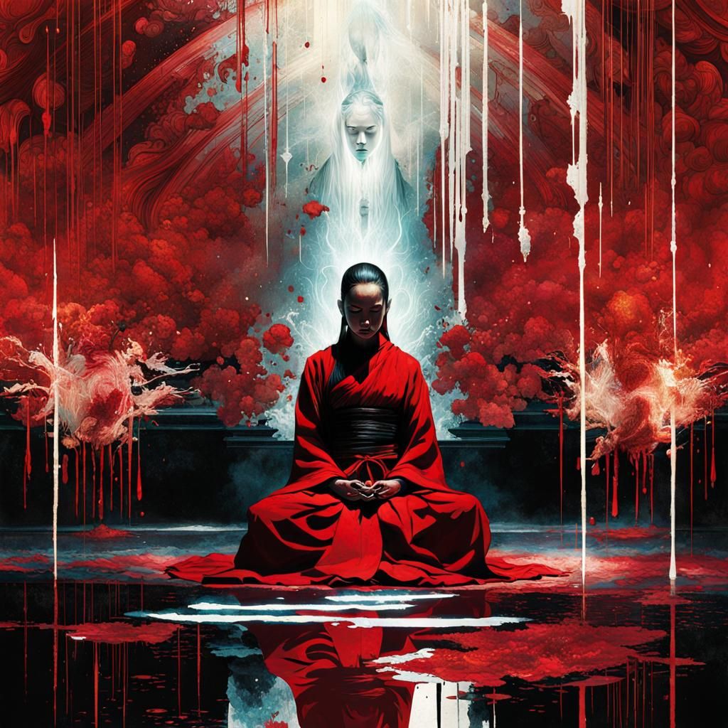 Meditating Monk in Blood Rain: Stylized Digital Art