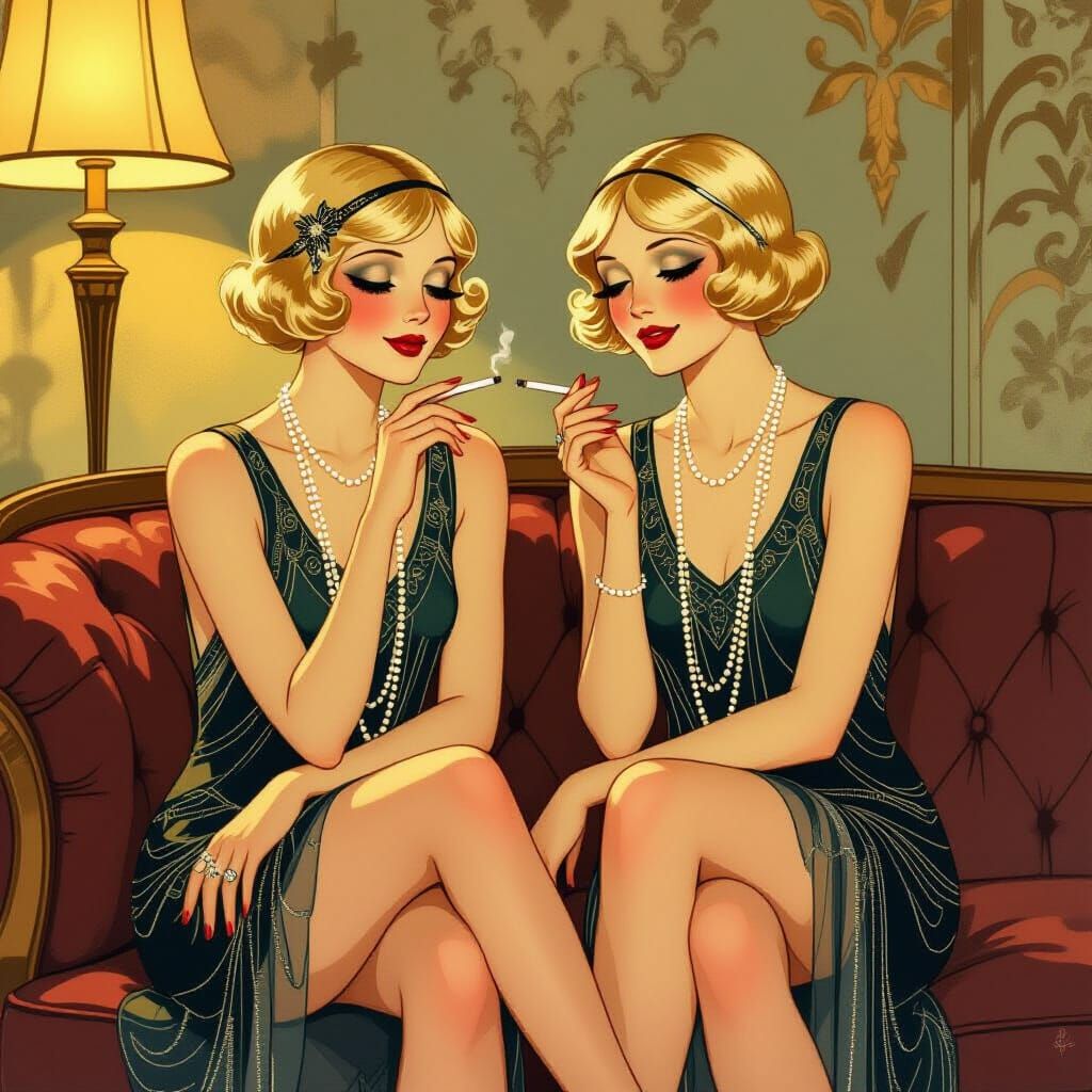 1920s Flapper Girls on Art Deco Couch Vintage Illustration