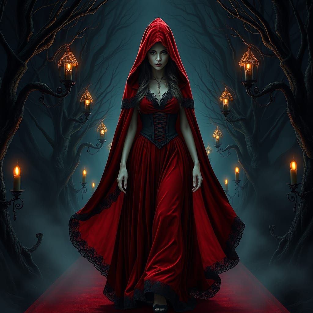 Mystical Little Red Riding Hood Strolls a Dark Gothic Catwal...