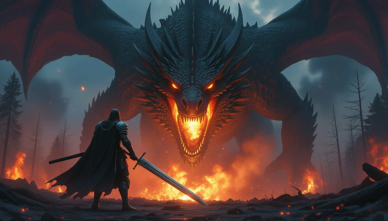 Knight vs Dragon in Dramatic Digital Matte Painting