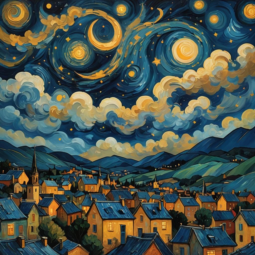 Dreamy Night Sky over Sleepy Village in Post-Impressionist S...