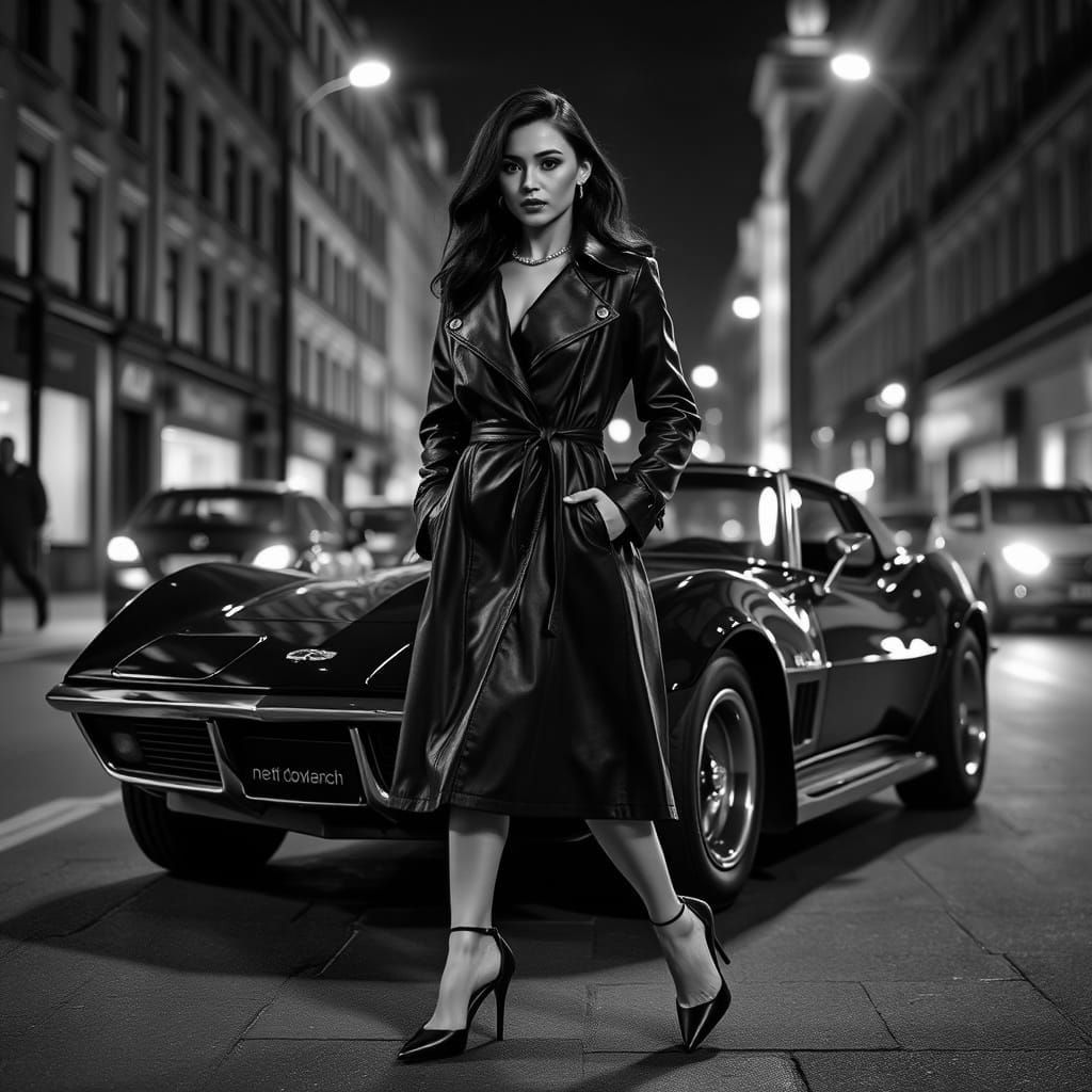 Eine junge bildhübsche Frau, rabenschwarze Haare, blasse Haut, schwarzer Ledertrenchcoat mit tiefem Ausschnitt, sie träg...