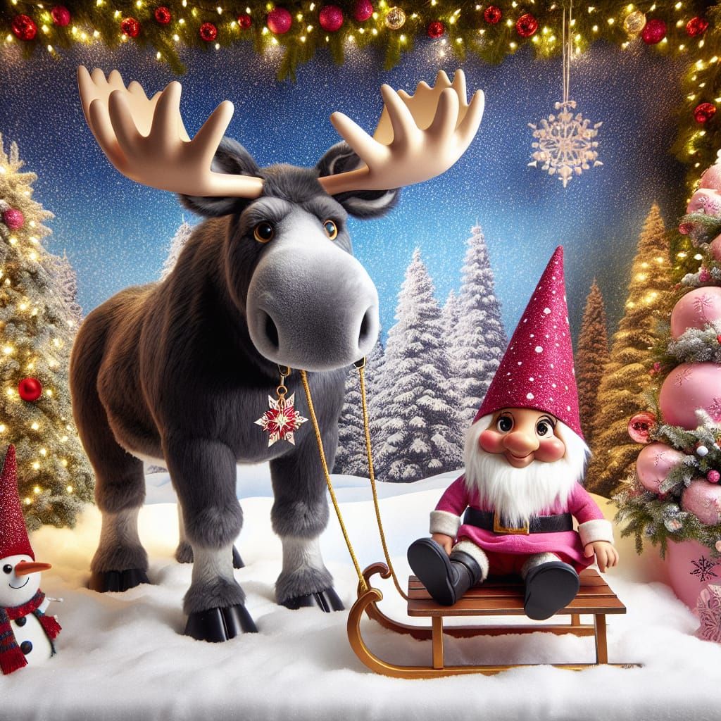 Moose Pulls Sled in Winter Wonderland Scene