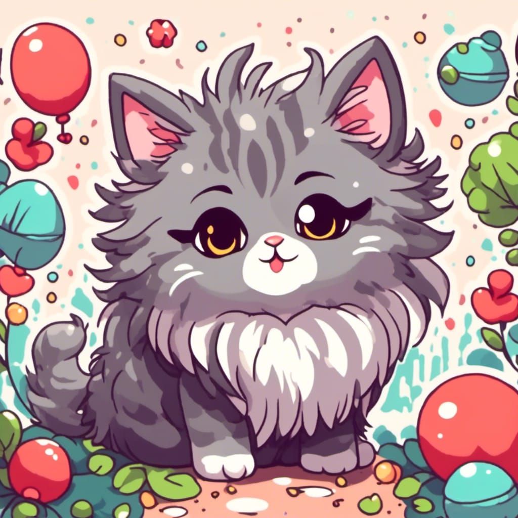 Gray Norwegian forest cat Chibi Kawaii <lora:KawaiiAF:1.0>