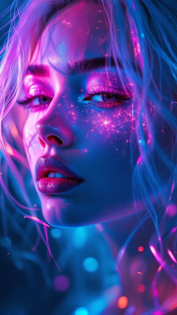 Surreal Futuristic Woman Illuminated by Electric Blue and Pa...