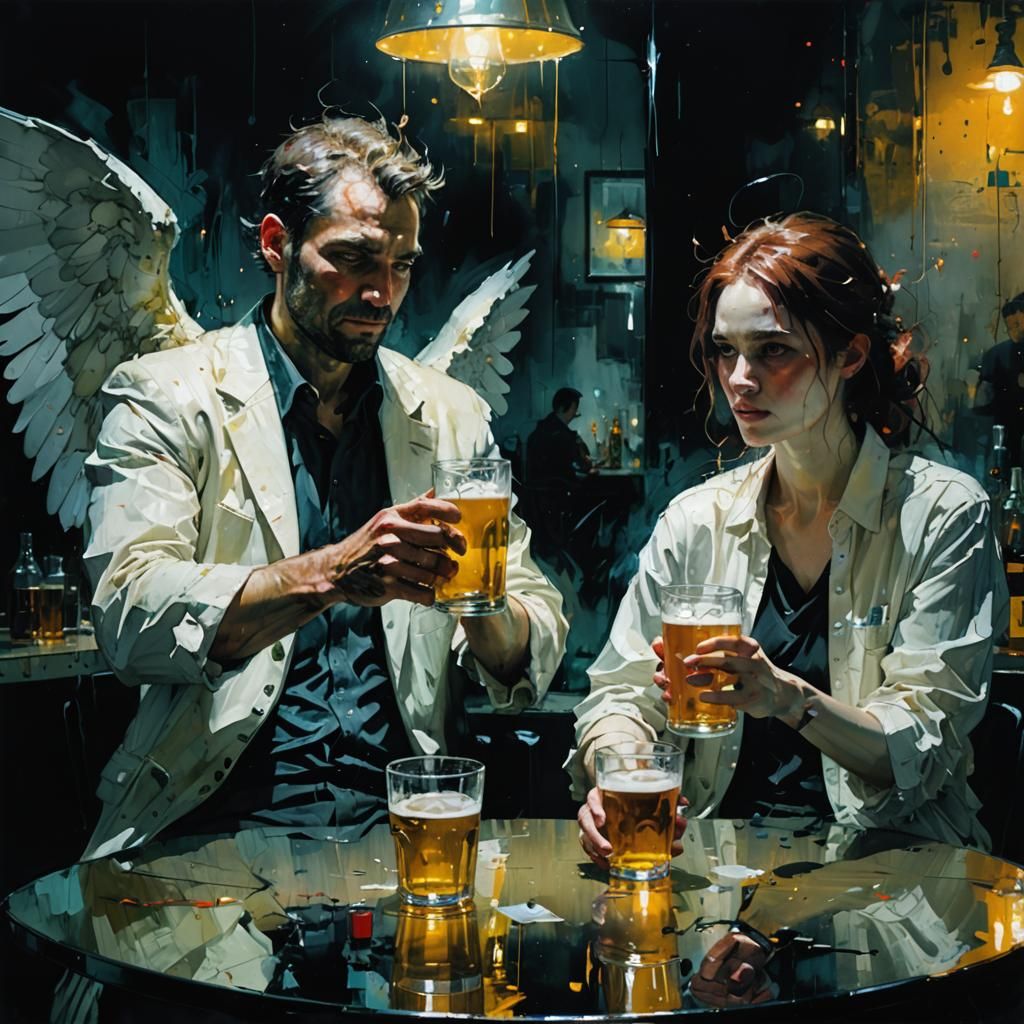 Angel and Demon Enjoying Beer, Figurative Art