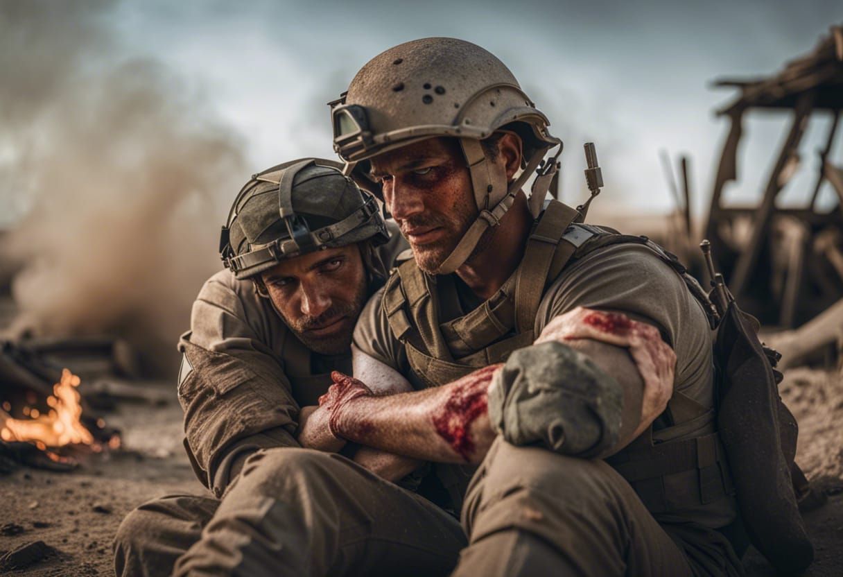 Wounded Soldier Receives Aid on Battlefield