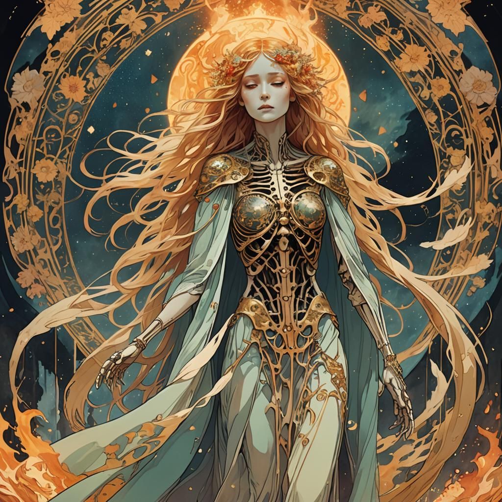 Ethereal Woman Engulfed in Flames, Art Nouveau Style