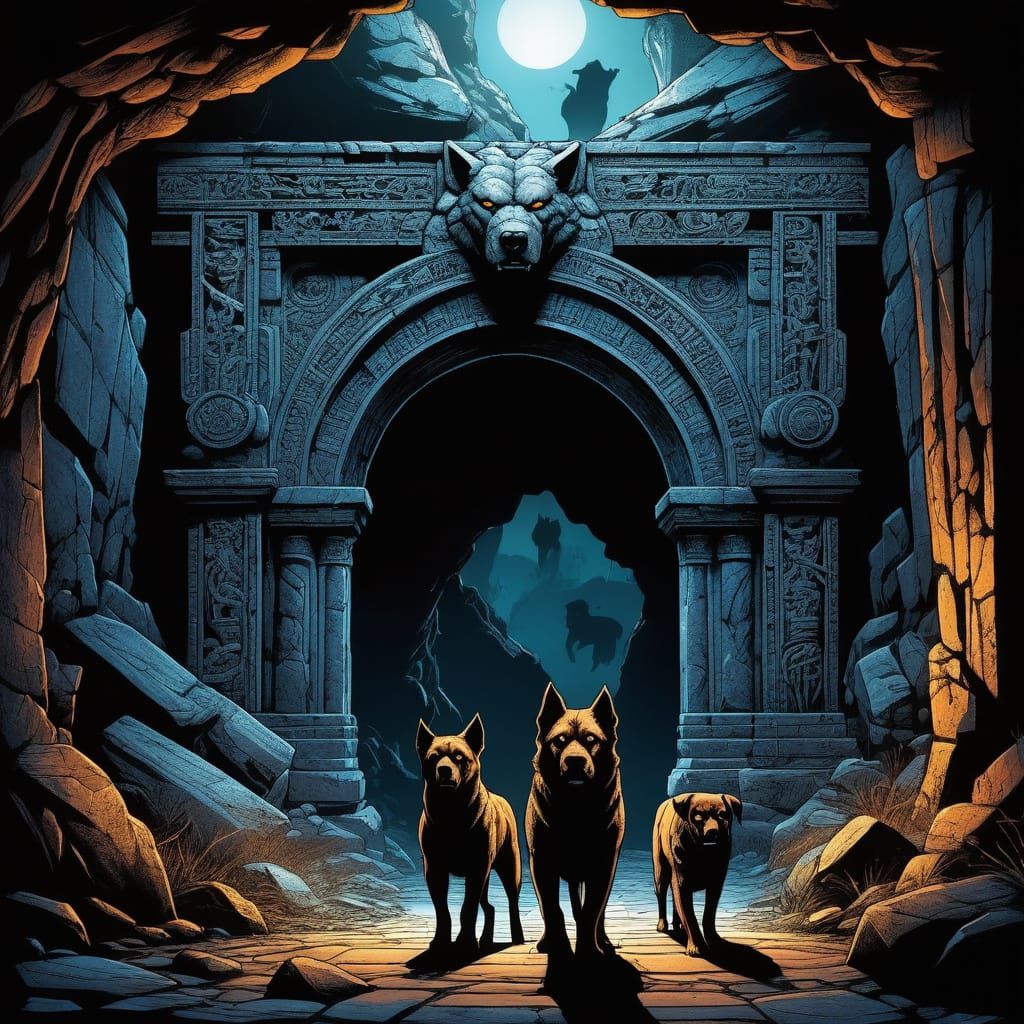 Cerberus Guards the Cave Entrance in Vibrant Comic Book Styl...