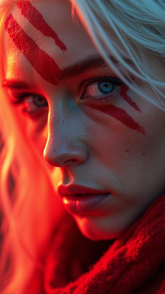 Hyperrealistic Close-Up of Woman with Red Lighting