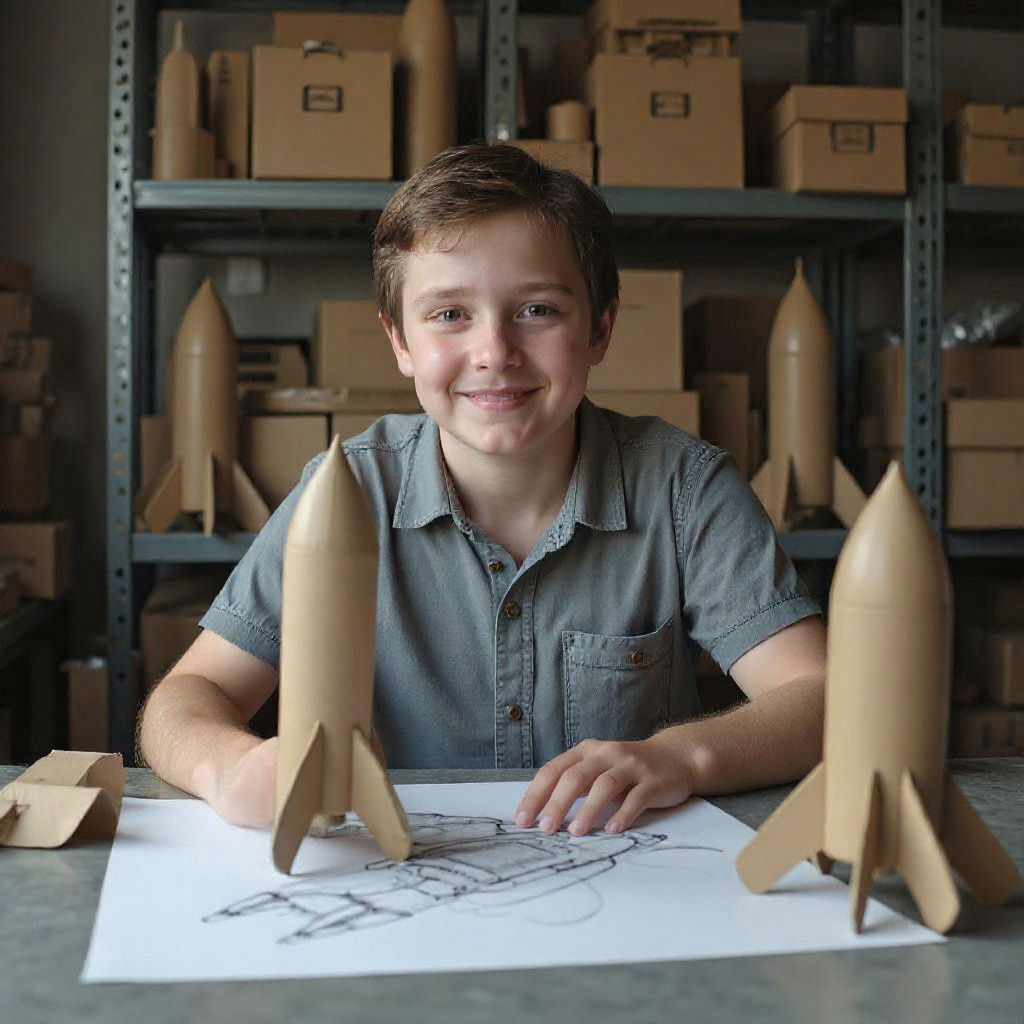 Neil with Cardboard Rockets in Garage