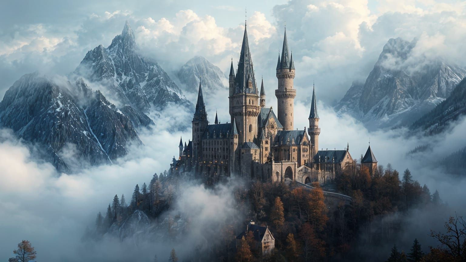 Ethereal Castle of Spires in Misty Mountains