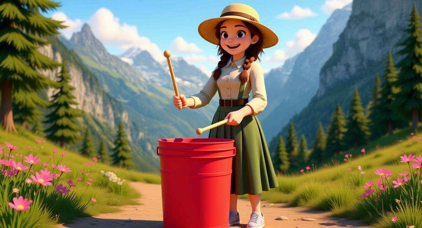 Cartoon Girl Drumming in Mountain Scene, 3D Anime Art