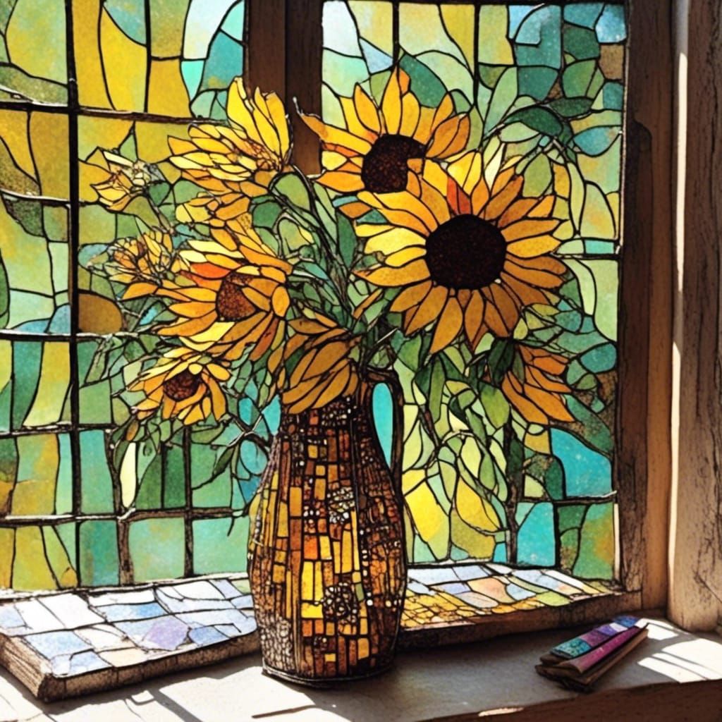 yellow sunflowers : translucent brown stained glass vase hal...