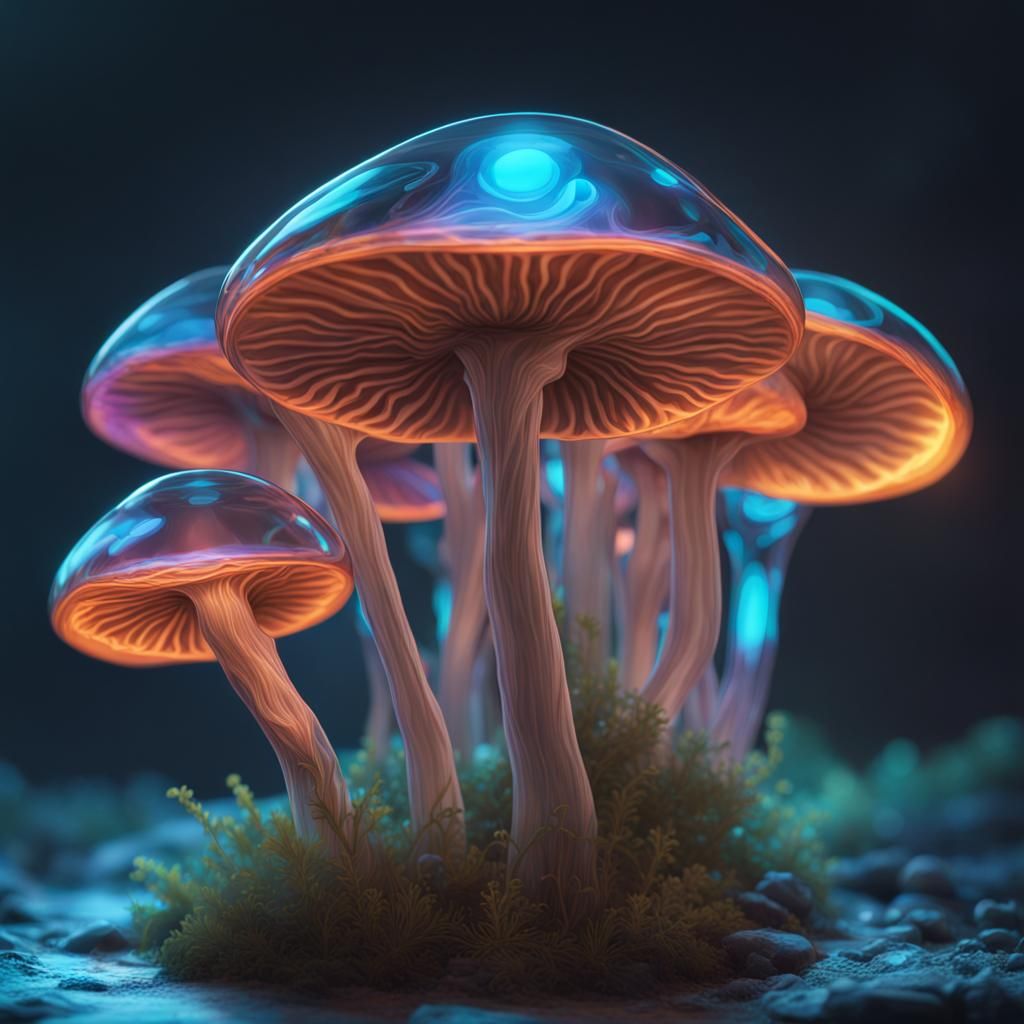 Bioluminescent Glass Mushrooms in Hyperdetailed Digital Art