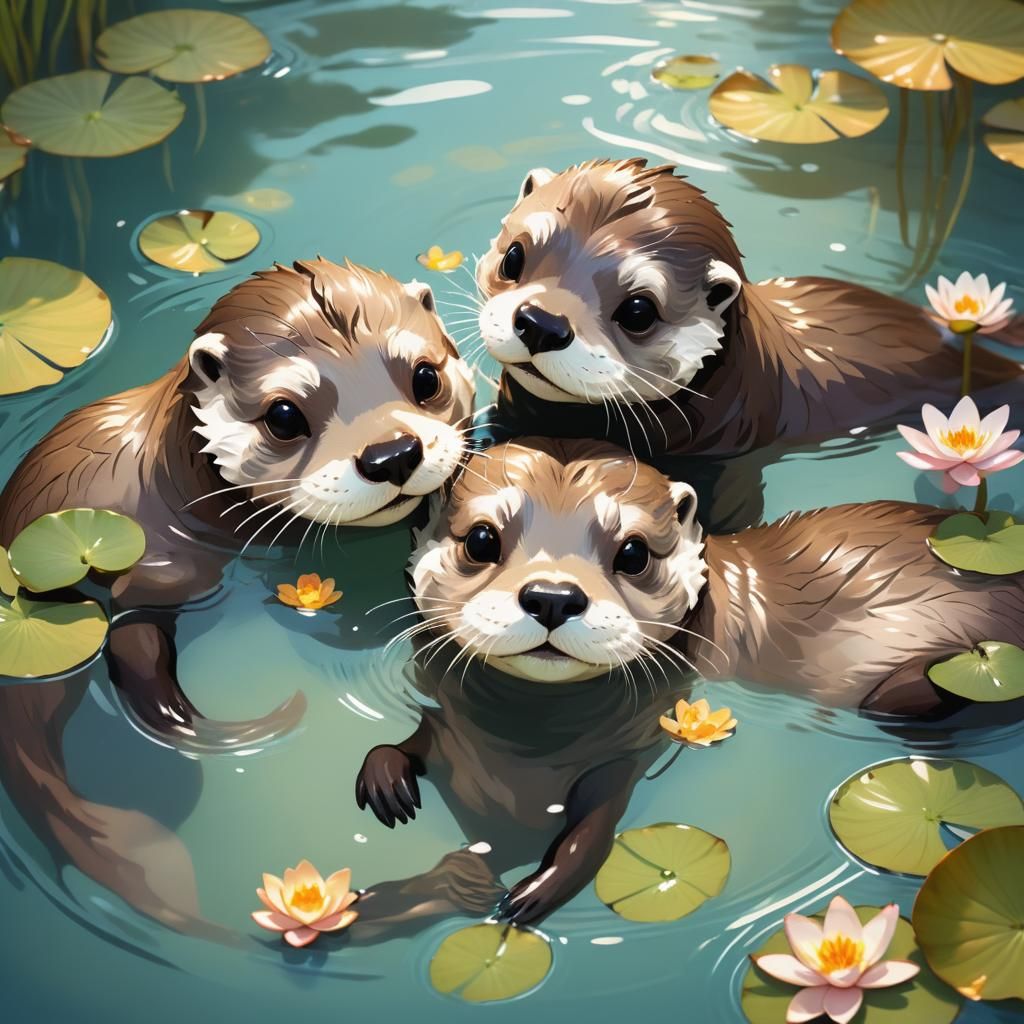 Cute Otter Couple in Anime Style Serene Waters