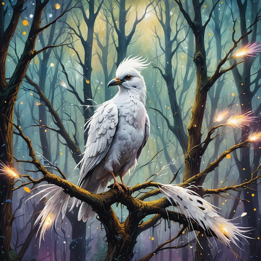 Majestic White Bird in Mystical Forest Street Art