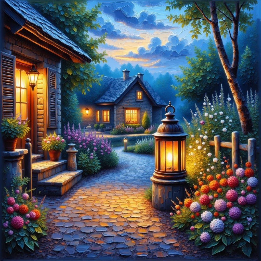 Old Lantern Glows on Cobblestone Path in Impasto Style