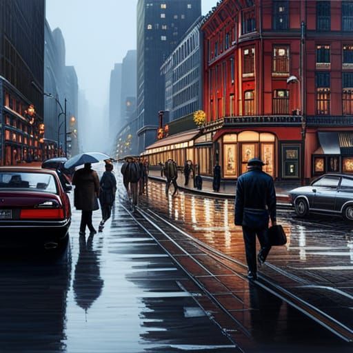Busy street on a rainy evening, cars on the road, passers-by on the sidewalks , very detailed, hyper-detailed, hyper-rea...