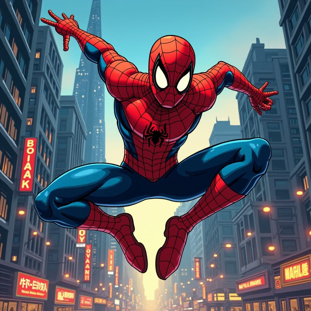 Spider-Man Swings Through Neon Cityscape: Comic Book Style