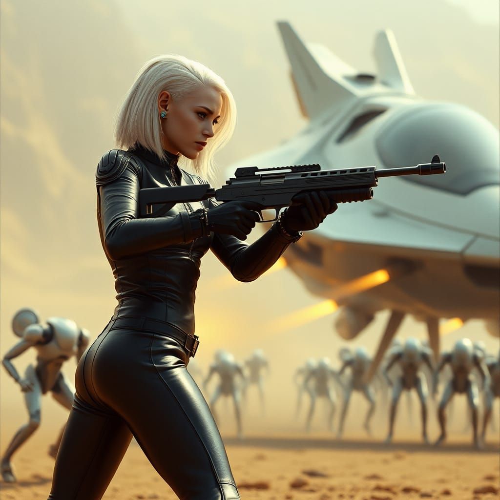 Android Woman Battles Robots in Desolate Sci-Fi Landscape