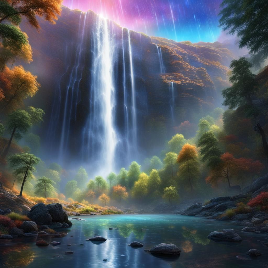 Galactic Waterfall with Rainbow Iridescence in Hyperrealism