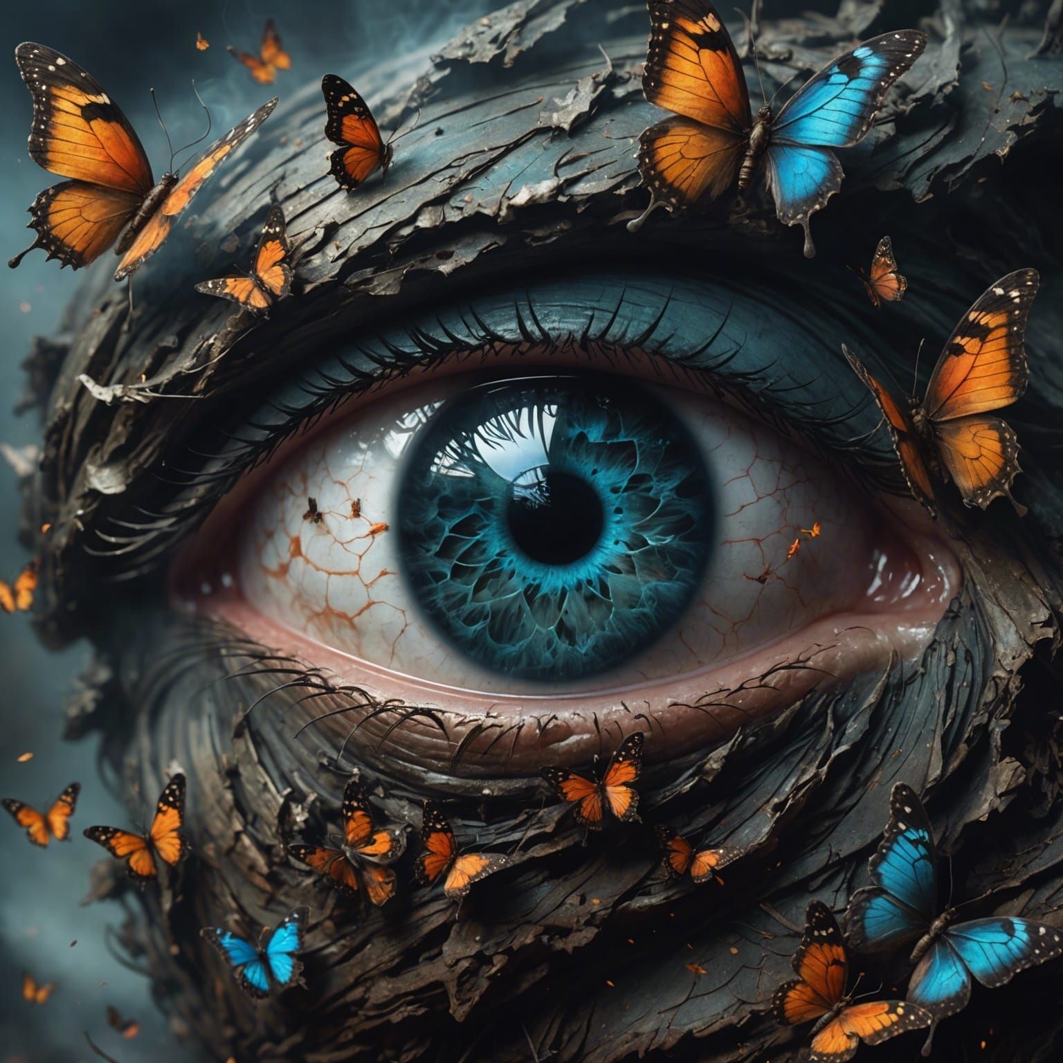 Eerie Eye Made of Smoke and Butterflies: Fantasy Art