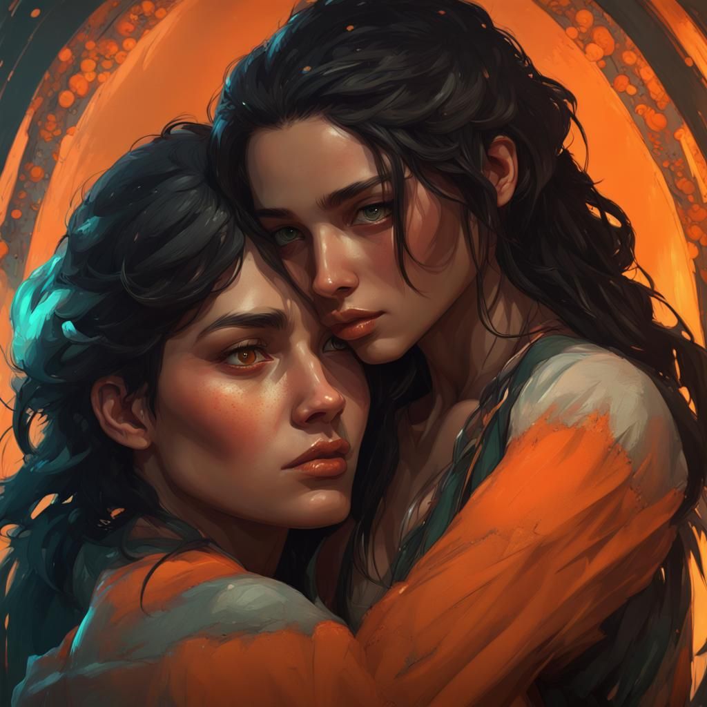 Women Embracing: Hyperdetailed Art Nouveau Digital Painting