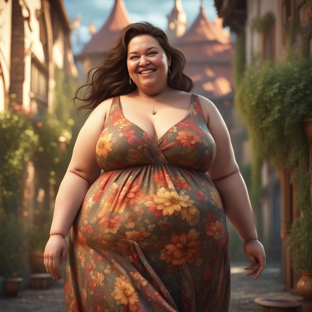 Beautiful Overweight Woman in Sundress: Detailed Digital Art