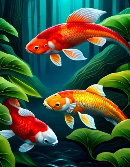Rainbow Koi in a Futuristic Botanical Scene